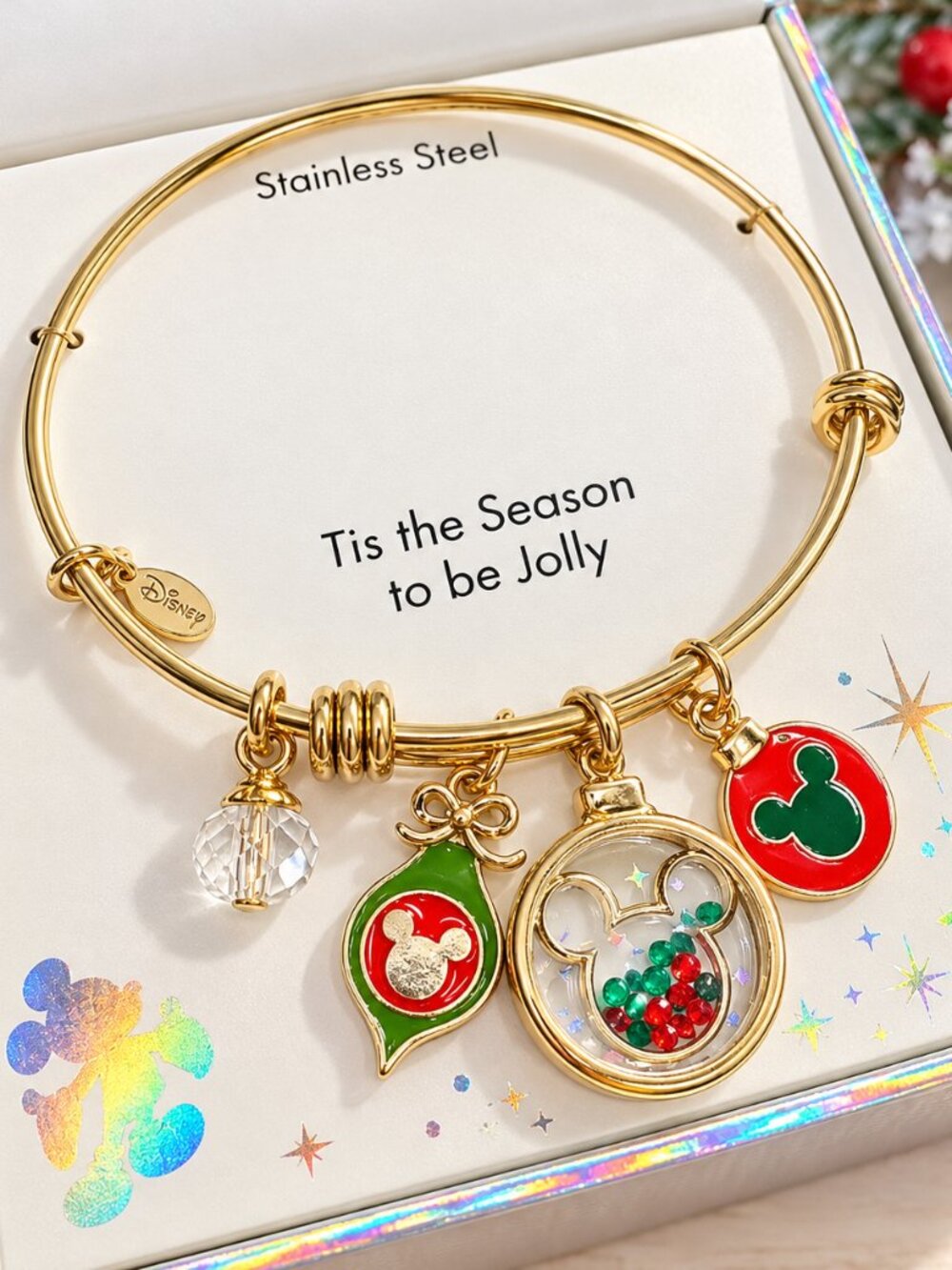Disney Christmas Mickey Mouse Charm Bangle Bracelet Gold Red Green Holiday
